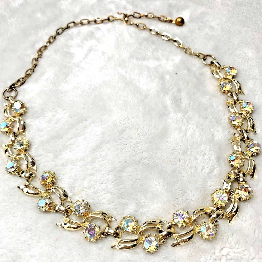 Vintage AB Rhinestone Gold Tone Floral Vine Necklace Mid Century Glam Bridal